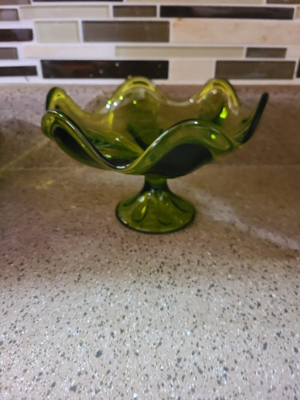 Vintage Viking Chartreuse Green Epic Six Petal Glass Compote/Candy Dish, MCM